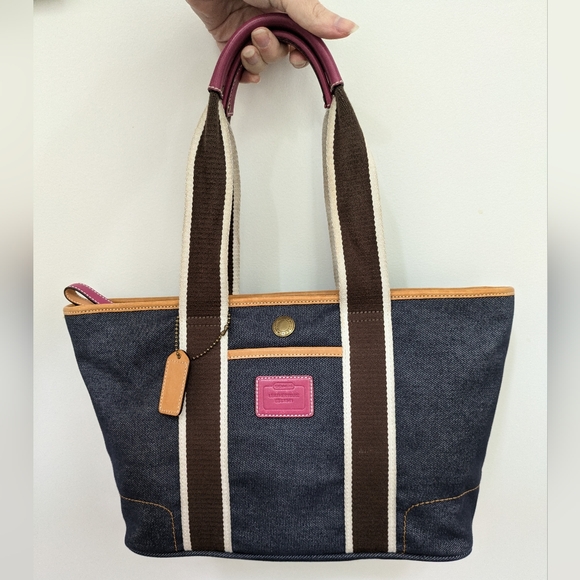 Coach Hampton Mini Blue Denim Small Tote Bag with pink detailing - Picture 1 of 9